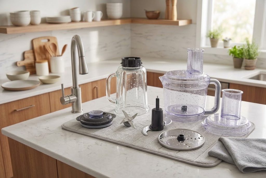 Blender and food processor components arranged for cleaning beside a modern kitchen sink.