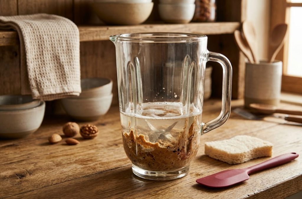 Blender jar soaking to loosen stubborn dried food residue.