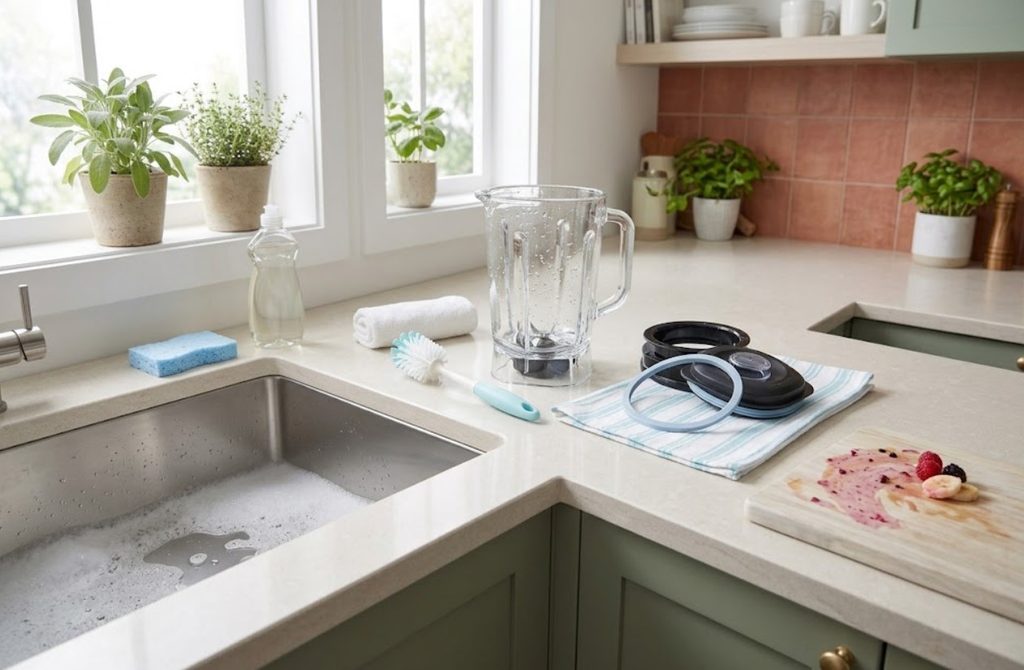 Blender jar, lid, gasket, cleaning brush, cloth and dish soap for blender maintenance