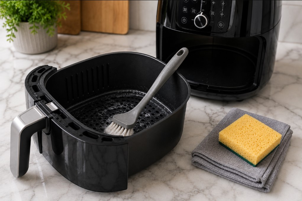 Cleaning brush used to clean a removable air fryer basket