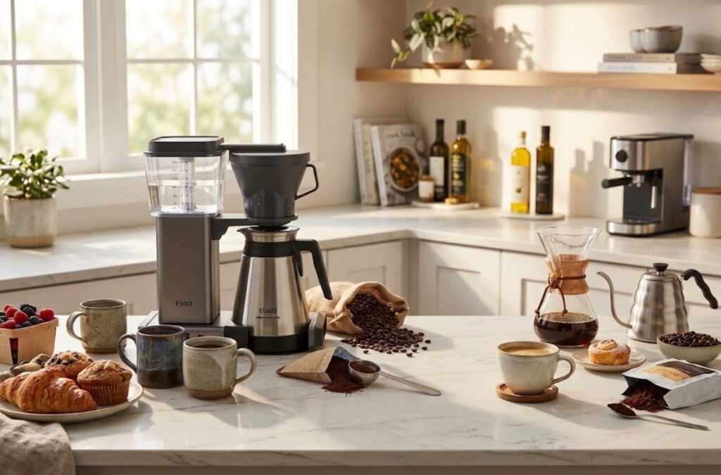 Different home coffee brewing setups for choosing a drip coffee maker