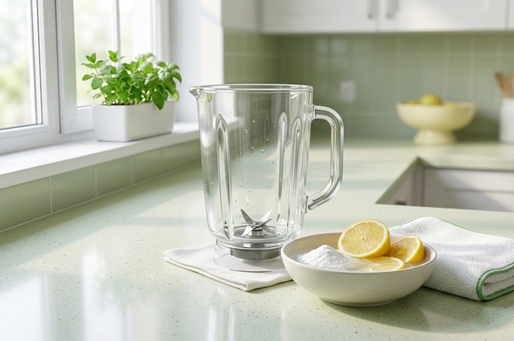 How to clean a blender and remove odors using baking soda, lemon and water.