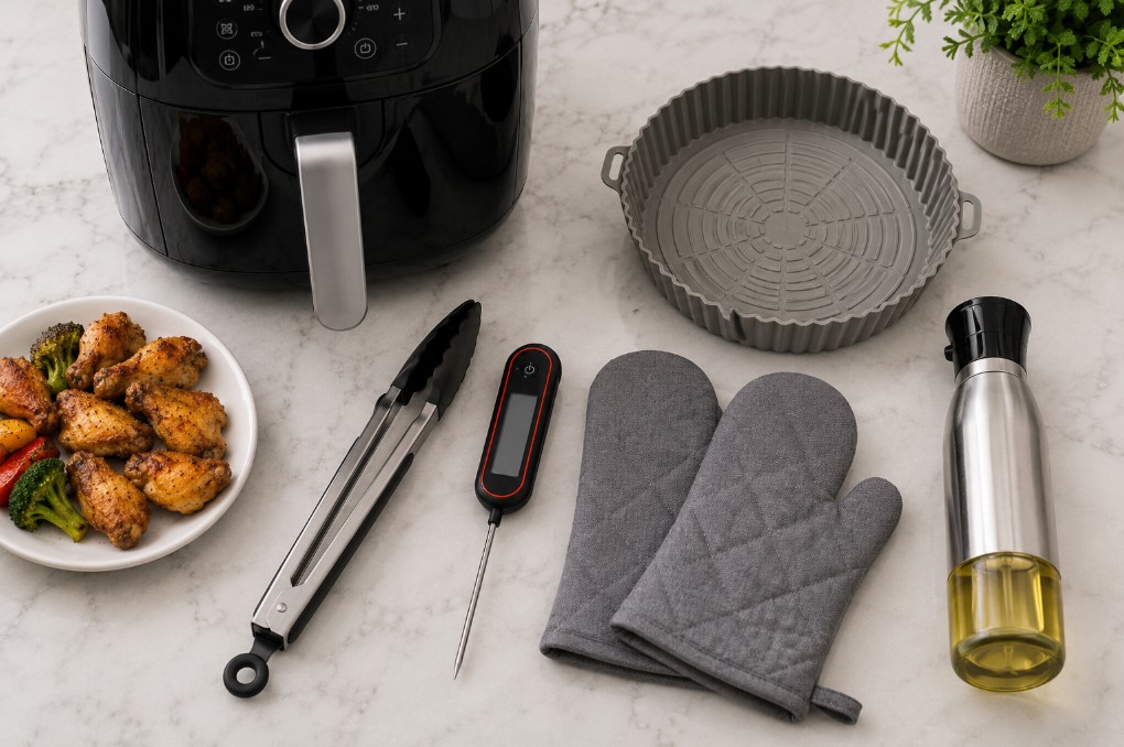 Beginner air fryer accessory starter kit with tongs thermometer mitts oil sprayer and liner