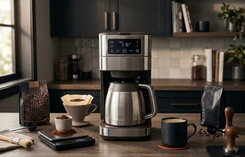 Premium programmable coffee maker with thermal carafe and advanced brewing controls