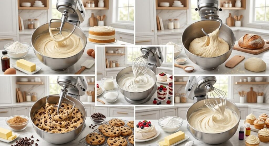 Various foods prepared using a kitchen mixer.