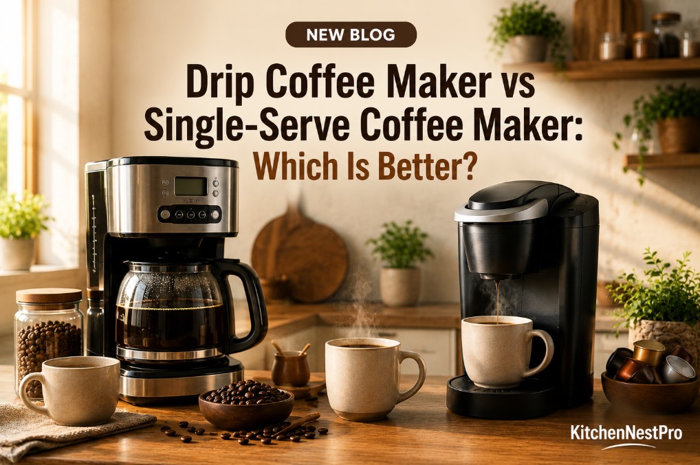 Drip coffee maker with a full carafe and single-serve coffee maker with one cup in a modern kitchen