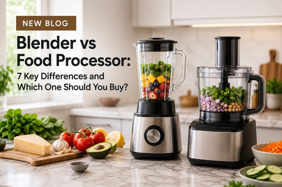 Blender and food processor side by side in a modern kitchen for a comparison guide.