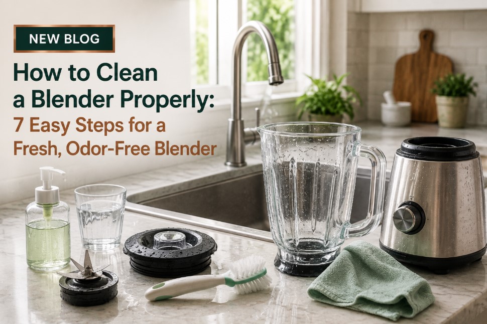 How to clean a blender properly beside a kitchen sink with cleaning supplies