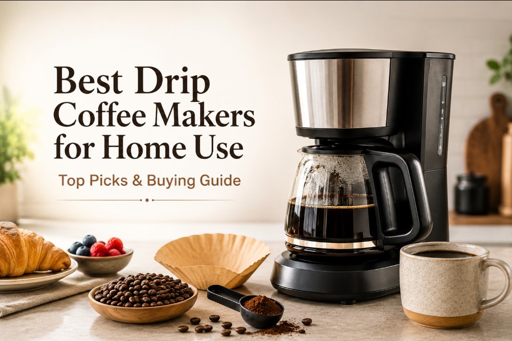 Modern drip coffee maker with freshly brewed coffee in a contemporary kitchen