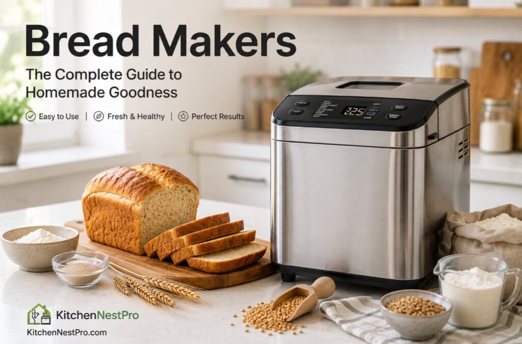 Modern automatic bread maker with freshly baked homemade bread.