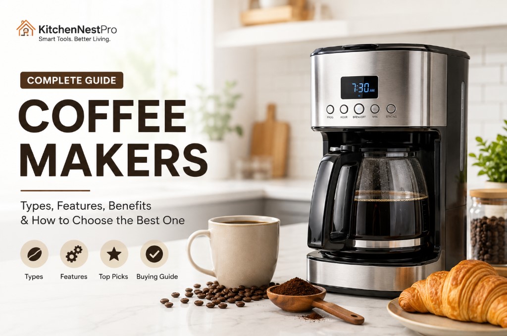 What is a coffee maker? Modern coffee maker brewing fresh coffee in a bright kitchen.