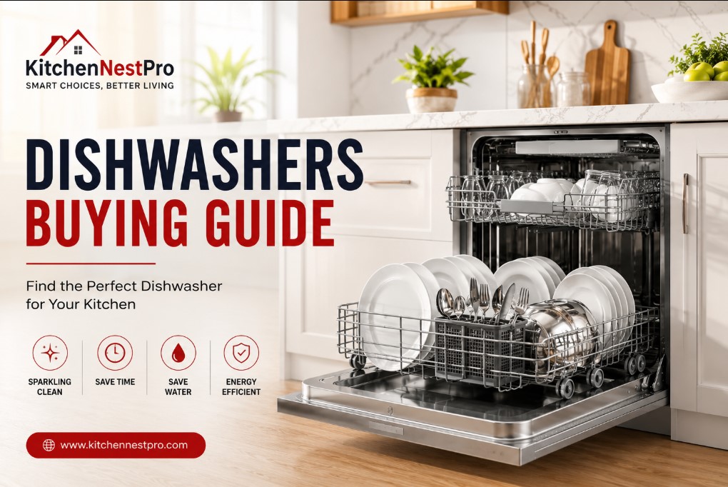 Modern stainless steel dishwasher cleaning dishes in a bright contemporary kitchen.