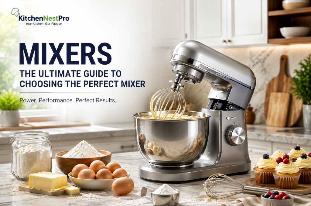 Modern stand mixer on a kitchen countertop with baking ingredients.