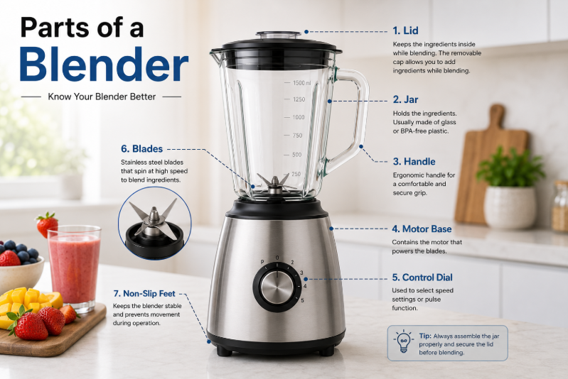 Main parts of a countertop blender.