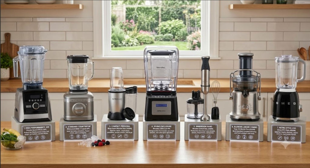 Different types of kitchen blenders for home use.