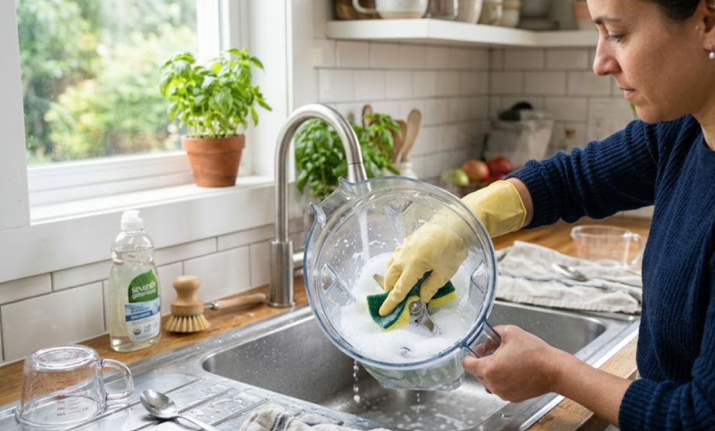 Cleaning a blender after preparing food.