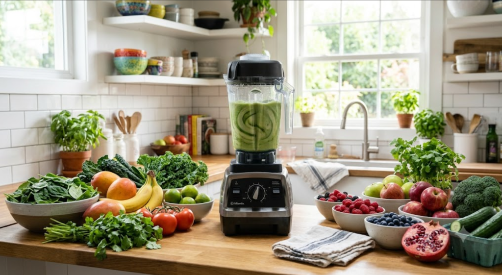 Modern kitchen blender with fresh fruits and vegetables.