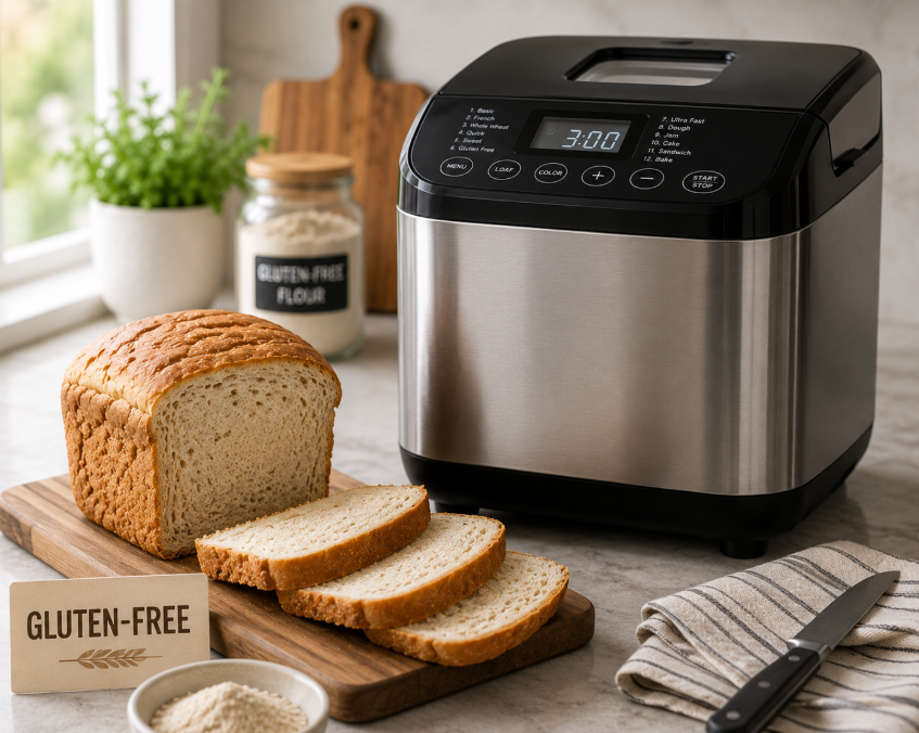 Gluten-free bread made in an automatic bread maker.