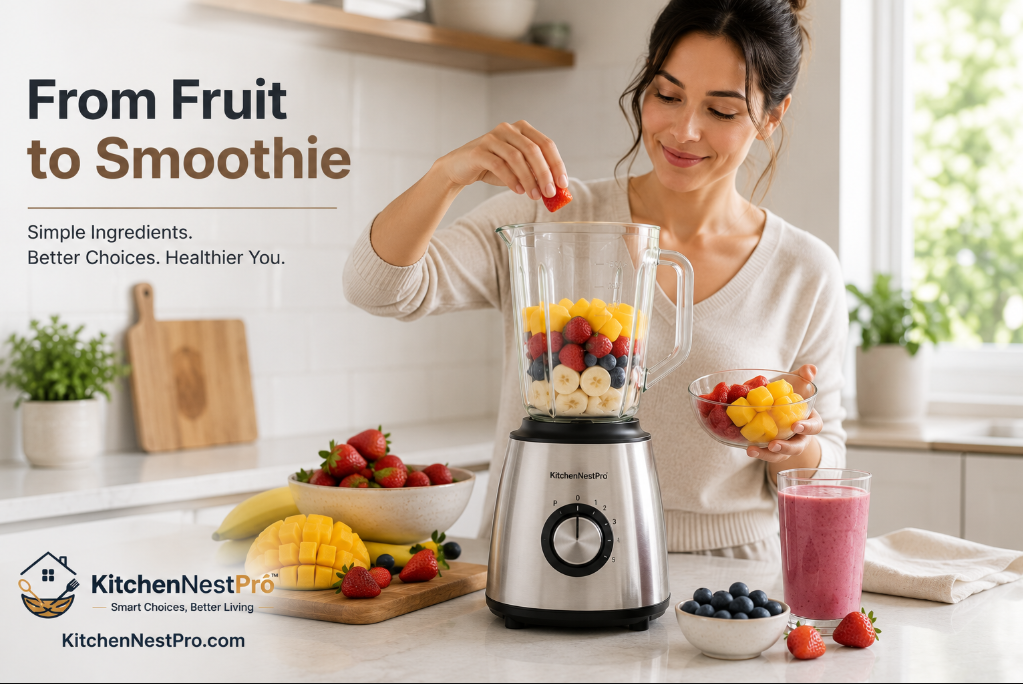 Using a blender to prepare a healthy fruit smoothie.