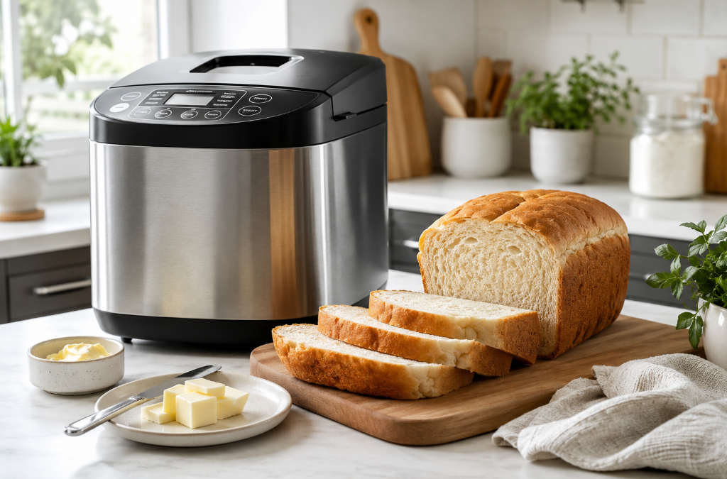 Fresh homemade bread baked using a bread maker.
