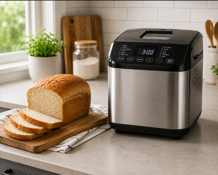 Automatic bread maker baking homemade bread.