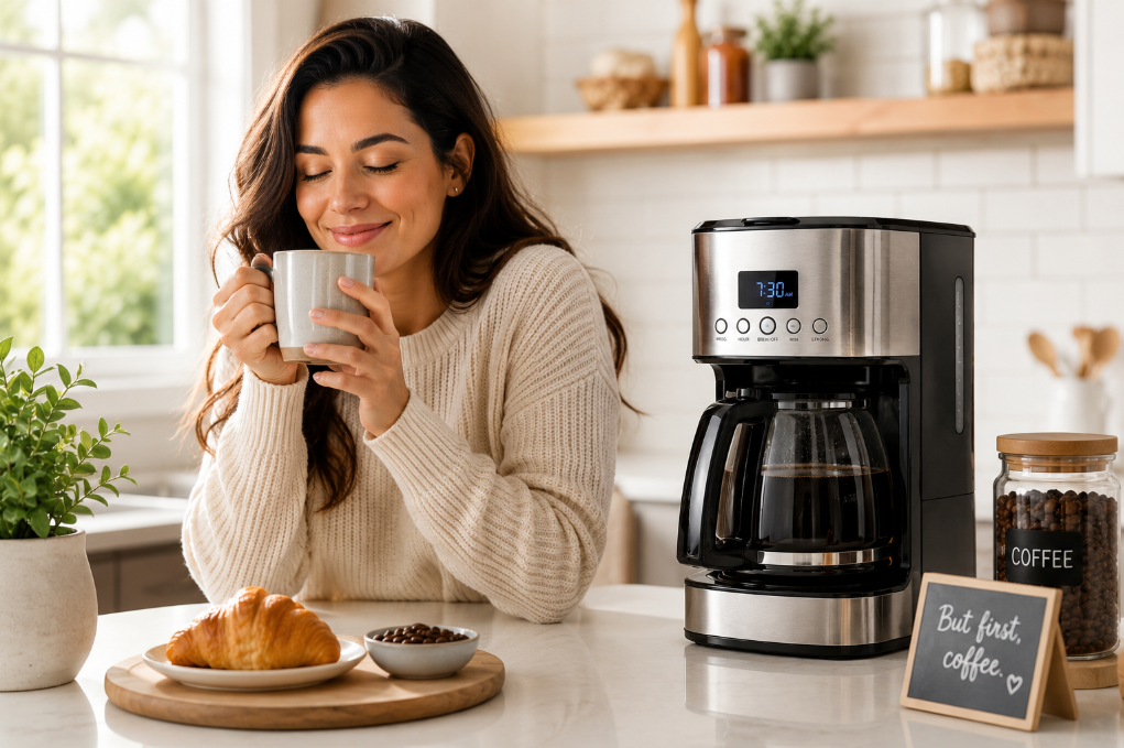 Freshly brewed coffee prepared with a modern coffee maker.