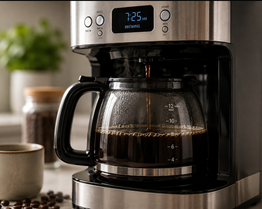 What is a coffee maker? Automatic coffee maker brewing fresh coffee.