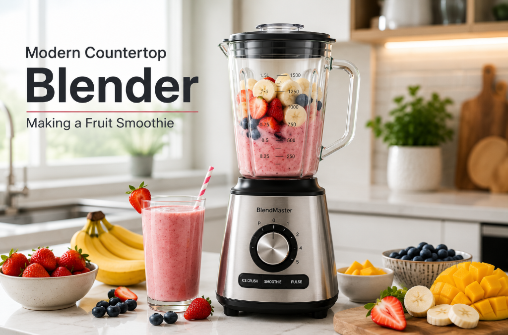 Countertop blender preparing a fresh fruit smoothie.