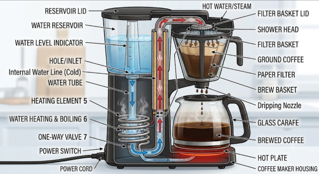 How a coffee maker works by heating water and brewing coffee.