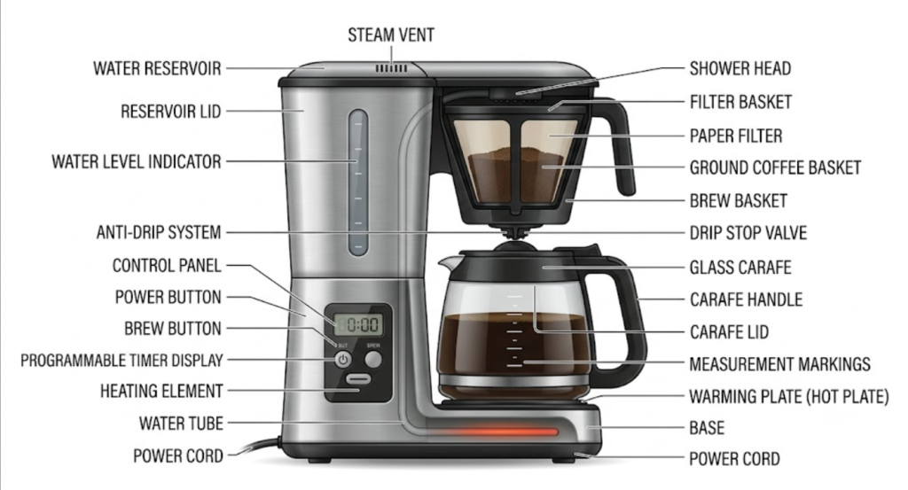 Labeled diagram of the main parts of a coffee maker.