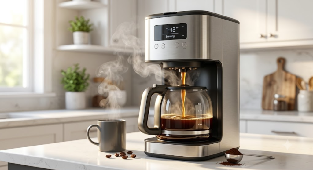 Modern drip coffee maker preparing fresh coffee.