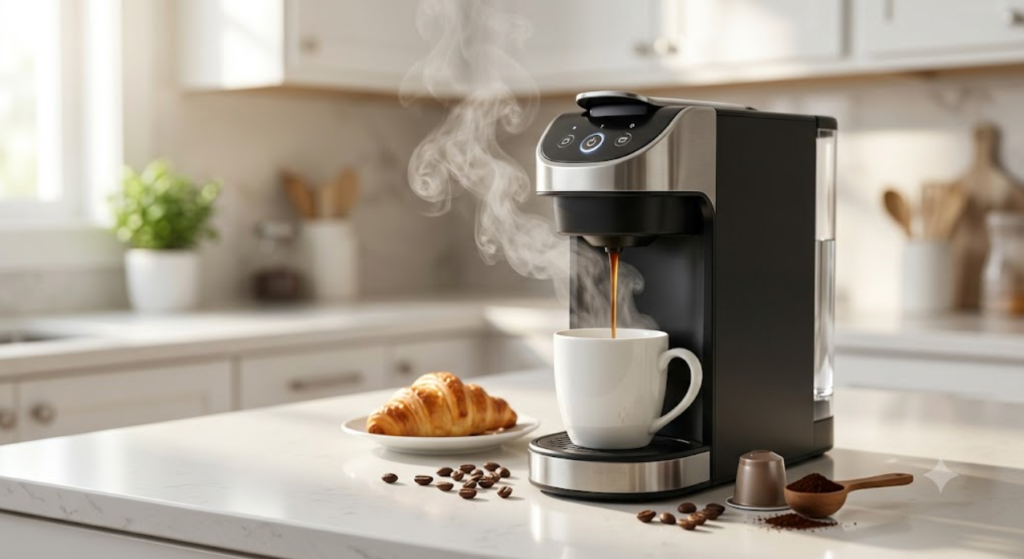 Single-serve coffee maker preparing one cup of coffee.