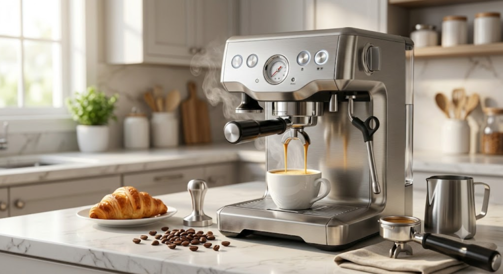 Espresso machine brewing a rich espresso shot.
