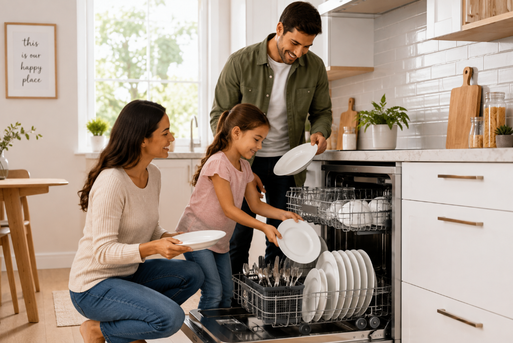 Modern dishwasher providing clean dishes in a family kitchen.