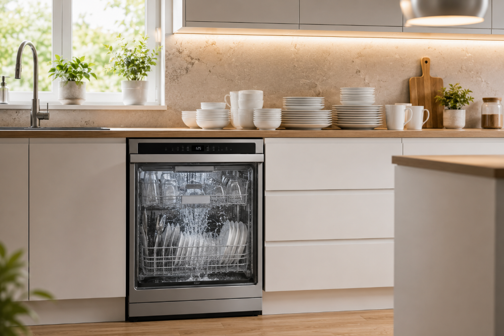 Modern built-in dishwasher in a bright contemporary kitchen.