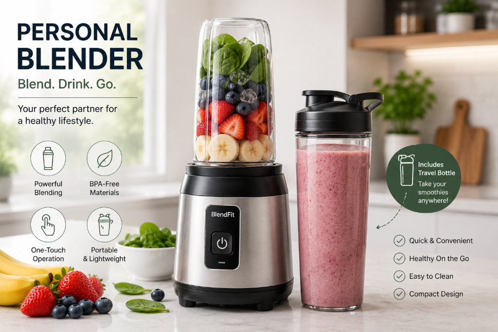 Compact personal blender with portable travel cup.