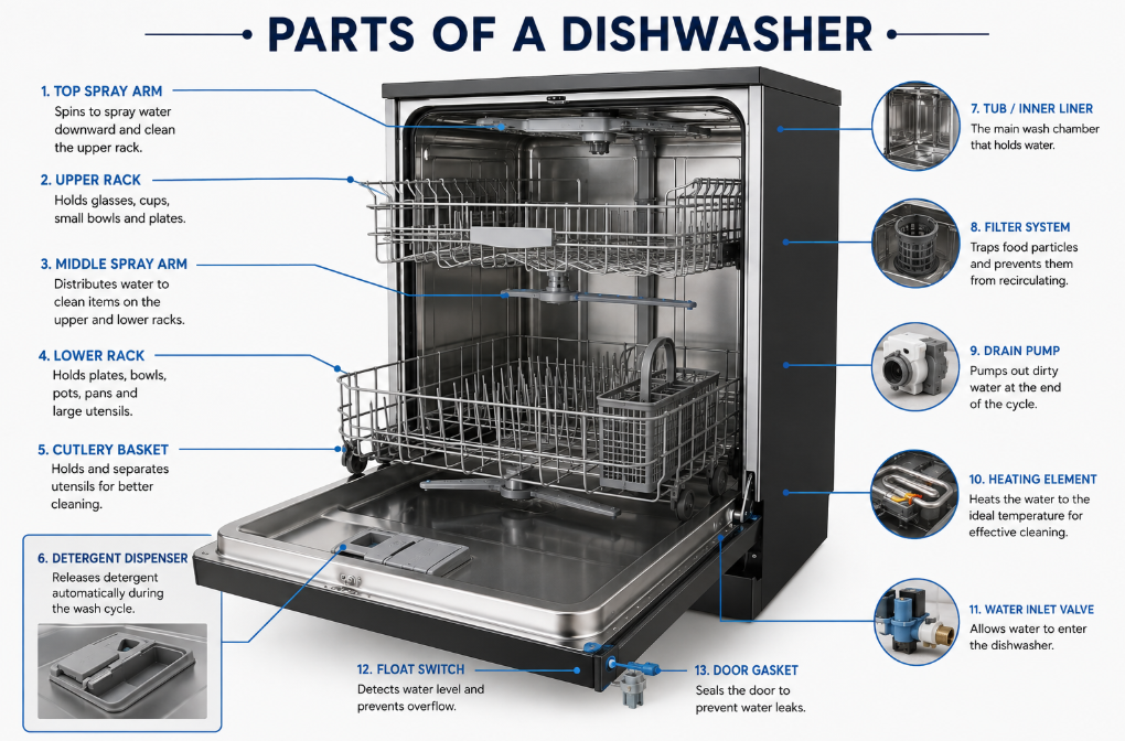 Labeled diagram of the main parts of a dishwasher.