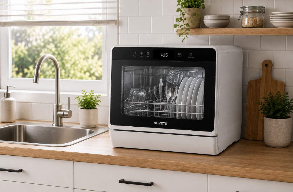 Compact countertop dishwasher for small kitchens.