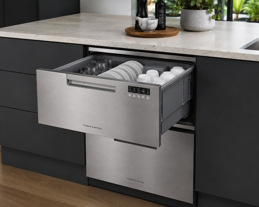Modern double-drawer dishwasher for efficient dishwashing.
