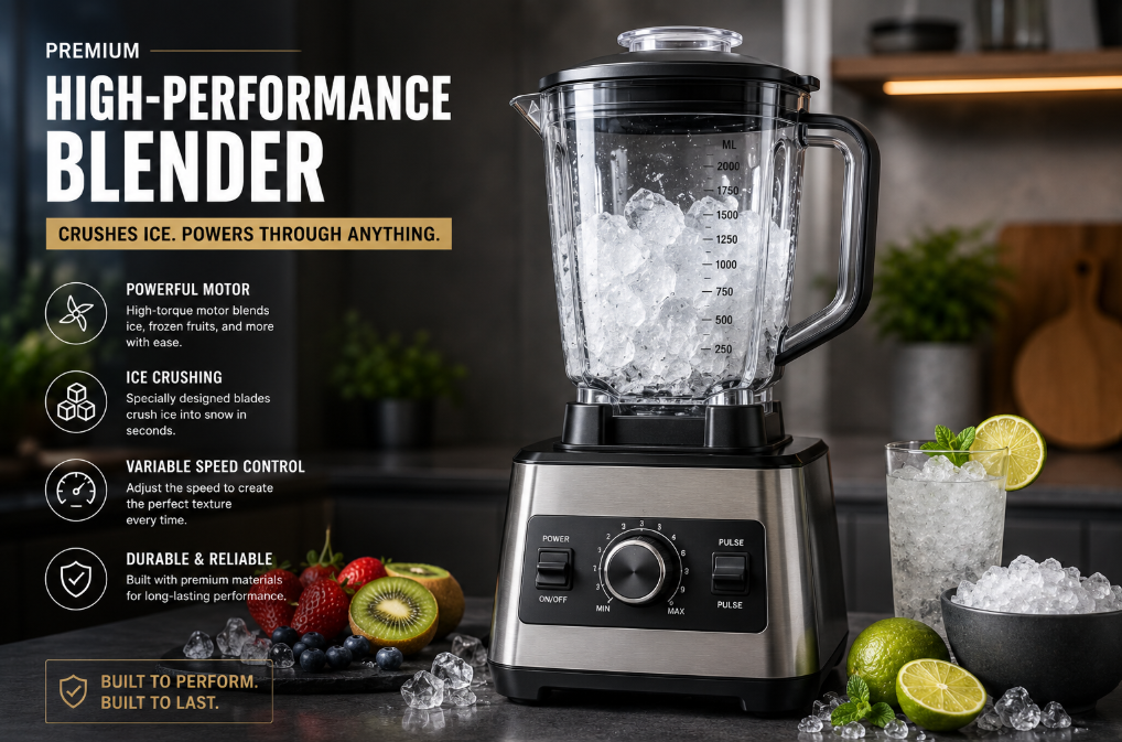 High-performance blender crushing ice cubes.