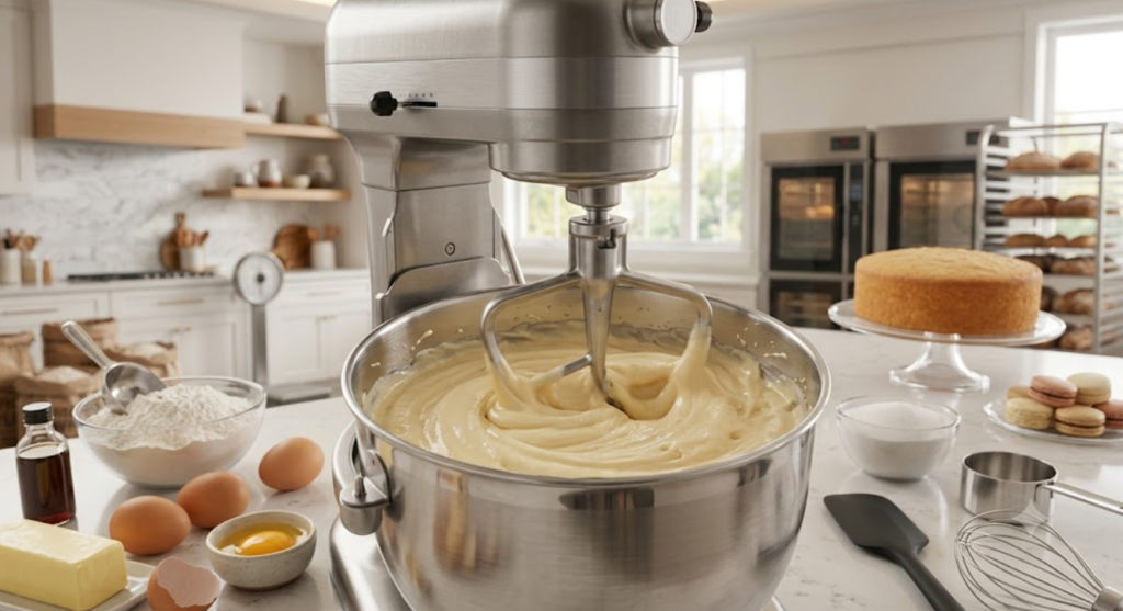 Planetary mixer mixing cake batter evenly.