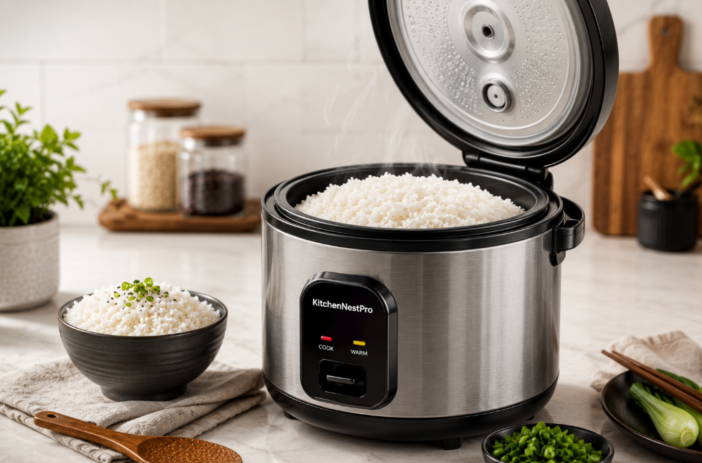 Electric rice cooker with freshly cooked white rice.