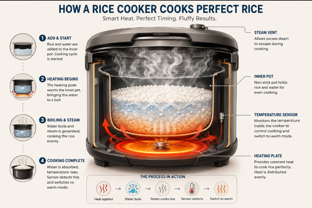 How a rice cooker works during the cooking process.