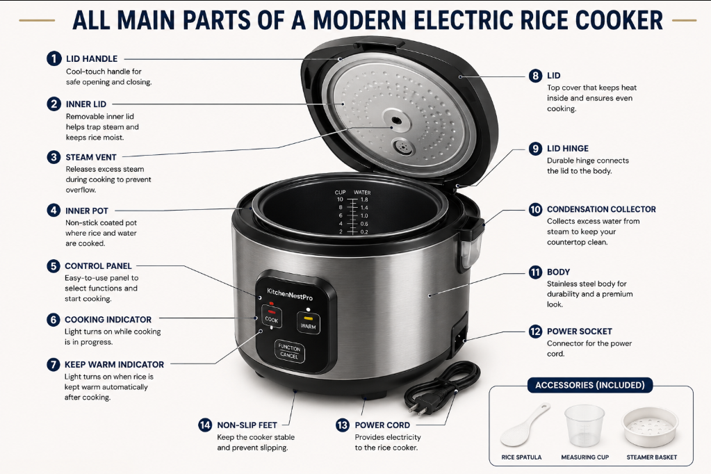 Main parts of a rice cooker labeled for beginners.