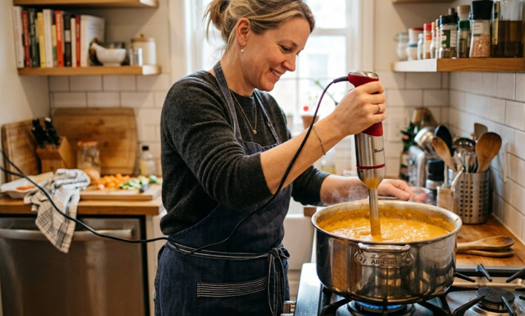 Hand blender blending soup directly in a cooking pot.