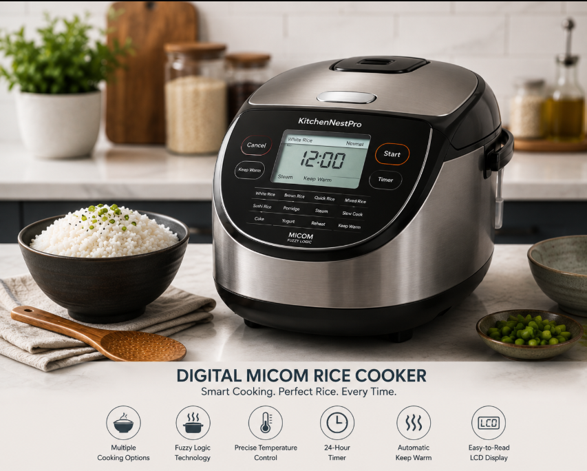 Digital Micom rice cooker with smart cooking programs.