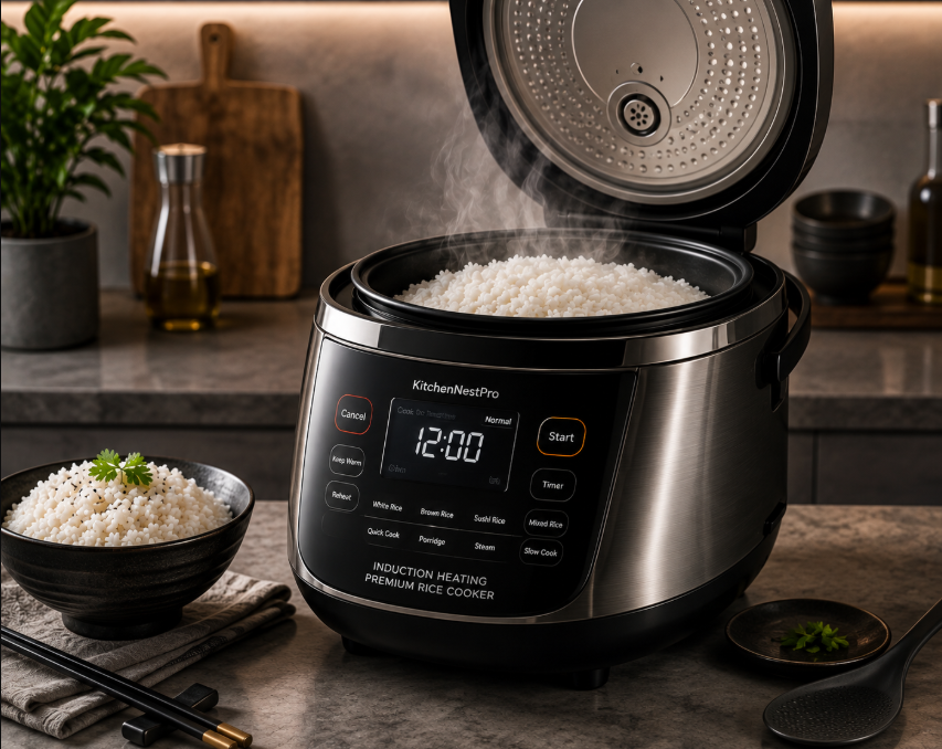 Induction heating rice cooker producing evenly cooked rice.