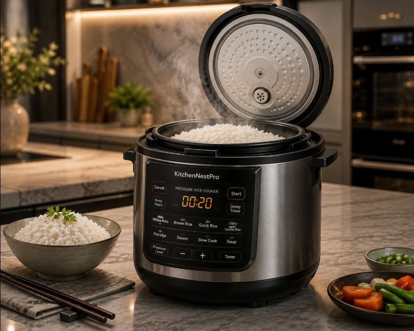 Pressure rice cooker for quick and even cooking.