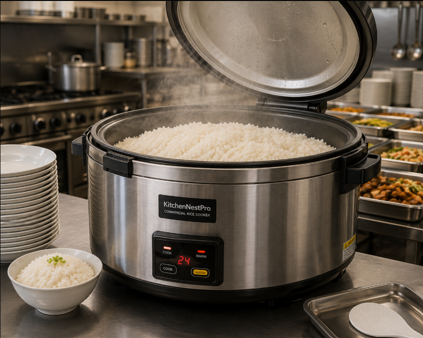 Commercial rice cooker used in a restaurant kitchen.