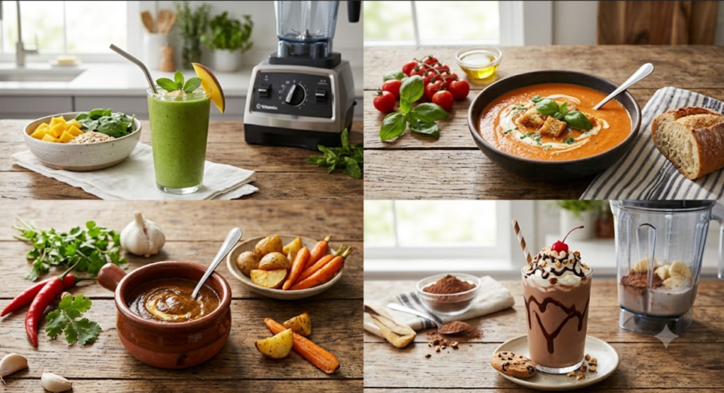 Different foods and drinks prepared using a kitchen blender